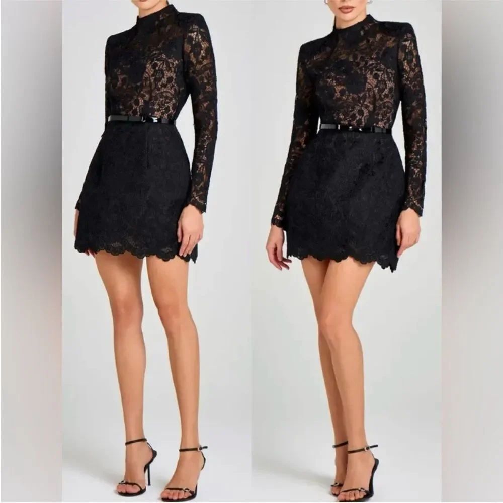 NWT Nadine Merabi Addison Long Sleeve Lace Overlay black mini dress sz 4